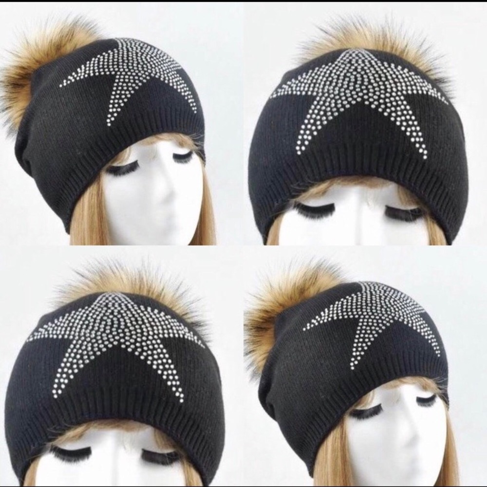 Ericka Rhinestone Winter Hat w/Raccoon Fur Puff